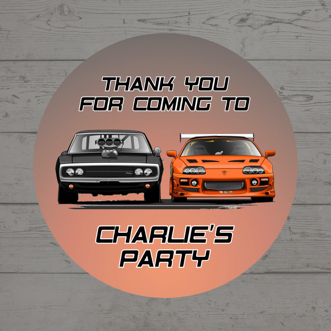 Black Orange Race Car Party Stickers | Various Sizes | Personalised Car Birthday Stickers