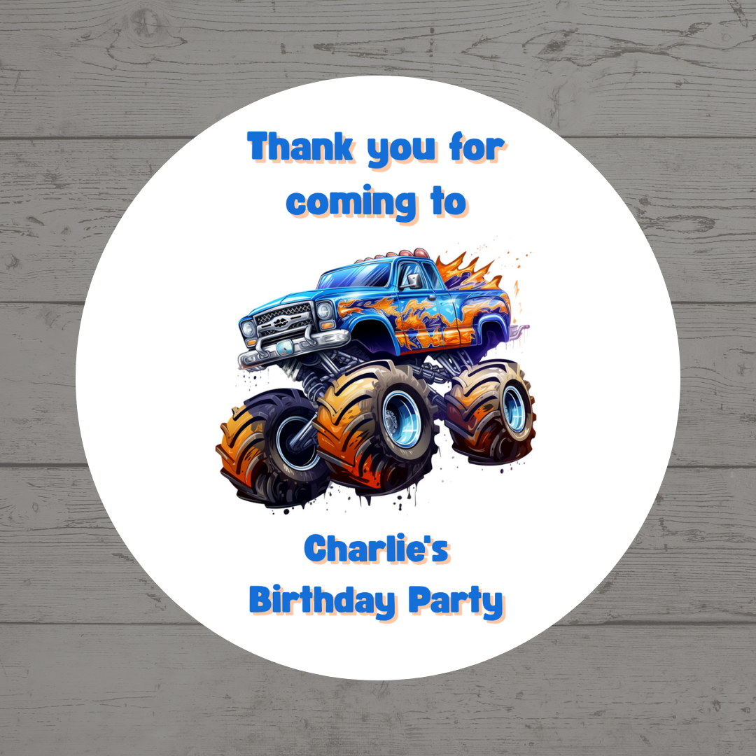 Monster Truck Party Stickers | Various Sizes | Personalised Monster Truck Birthday Stickers