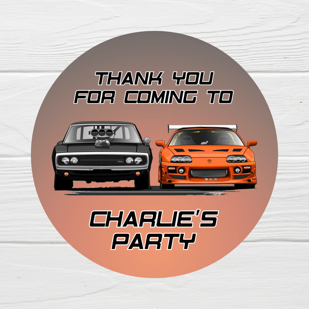 Black Orange Race Car Party Stickers | Various Sizes | Personalised Car Birthday Stickers