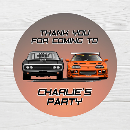 Black Orange Race Car Party Stickers | Various Sizes | Personalised Car Birthday Stickers