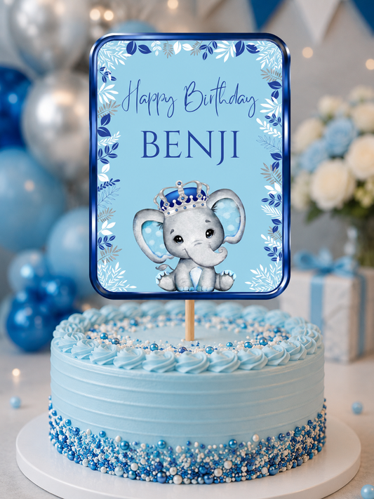 Cake Topper | Personalised Blue Elephant Crown Cake Topper | Blue Elephant Crown Party Supplies - Dinky Designs