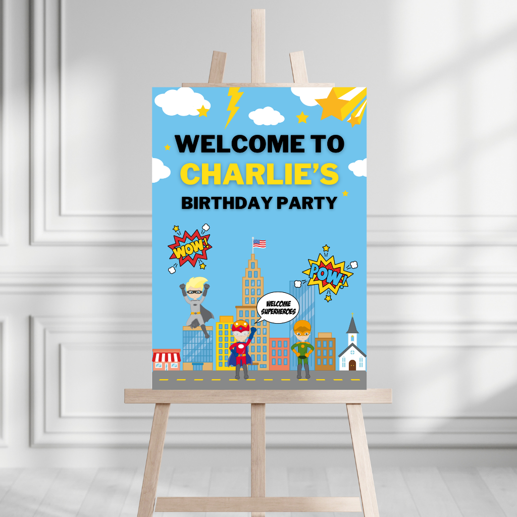 Superhero Welcome Board Sign | Personalised Superhero Birthday Board | Birthday Party Sign | A4, A3, A2