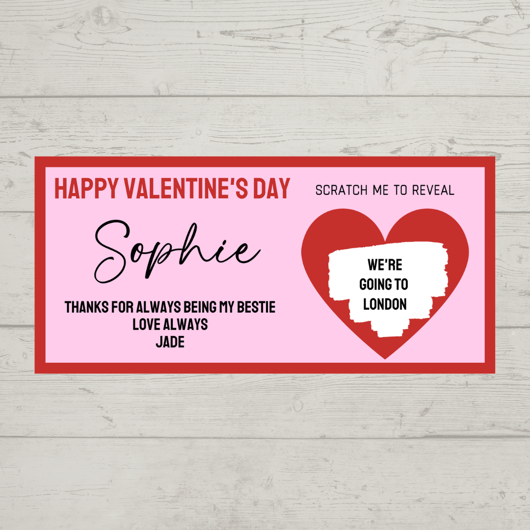 Red & Pink Surprise Valentine Ticket Print | Personalised Valentine Ticket | Valentine Scratch Reveal | Bestie, Best Friend Valentine | Gift Idea, Design 2