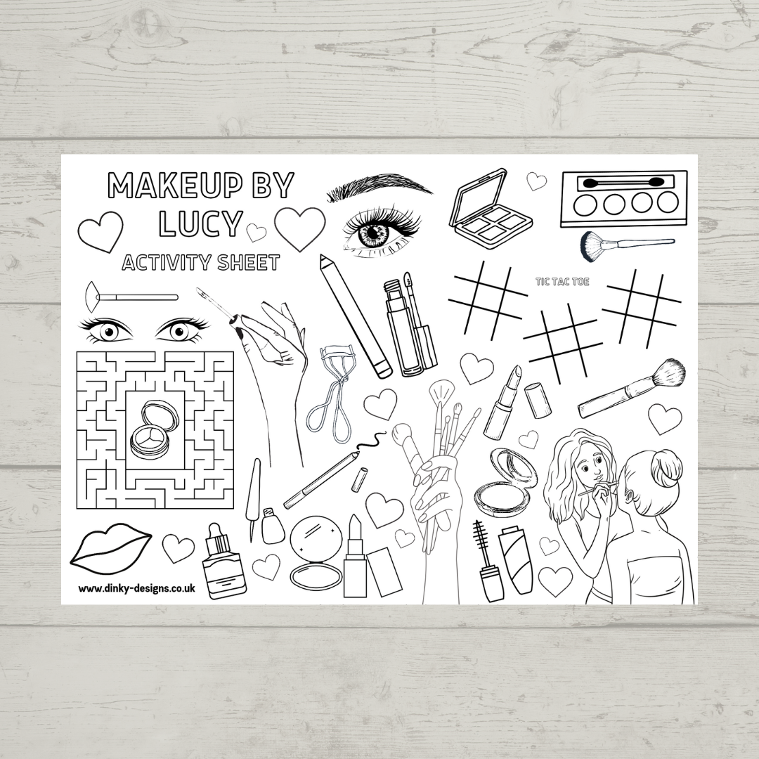 A4 Colouring Activity Sheets | Personalised Makeup Design Activity Sheets | Makeup Artist Placemats - Dinky Designs