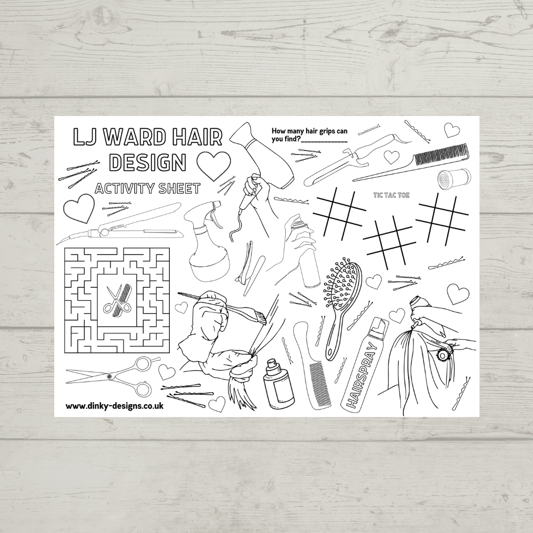 A4 Colouring Activity Sheets | Personalised Hairdresser Activity Sheets | Hair Salon Placemats - Dinky Designs