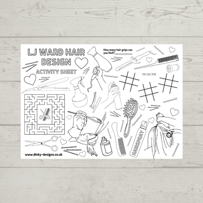 A4 Colouring Activity Sheets | Personalised Hairdresser Activity Sheets | Hair Salon Placemats - Dinky Designs
