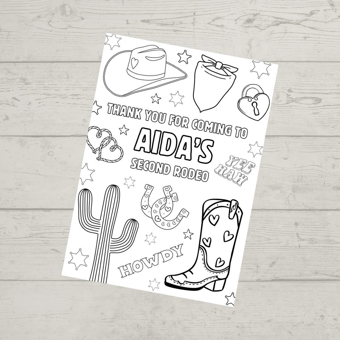 A6 Colouring Sheets | Personalised Cowgirl Rodeo Colouring Sheets | Party Bag Favours - Dinky Designs