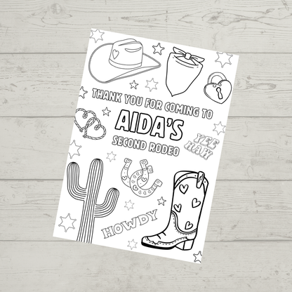 A6 Colouring Sheets | Personalised Cowgirl Rodeo Colouring Sheets | Party Bag Favours - Dinky Designs