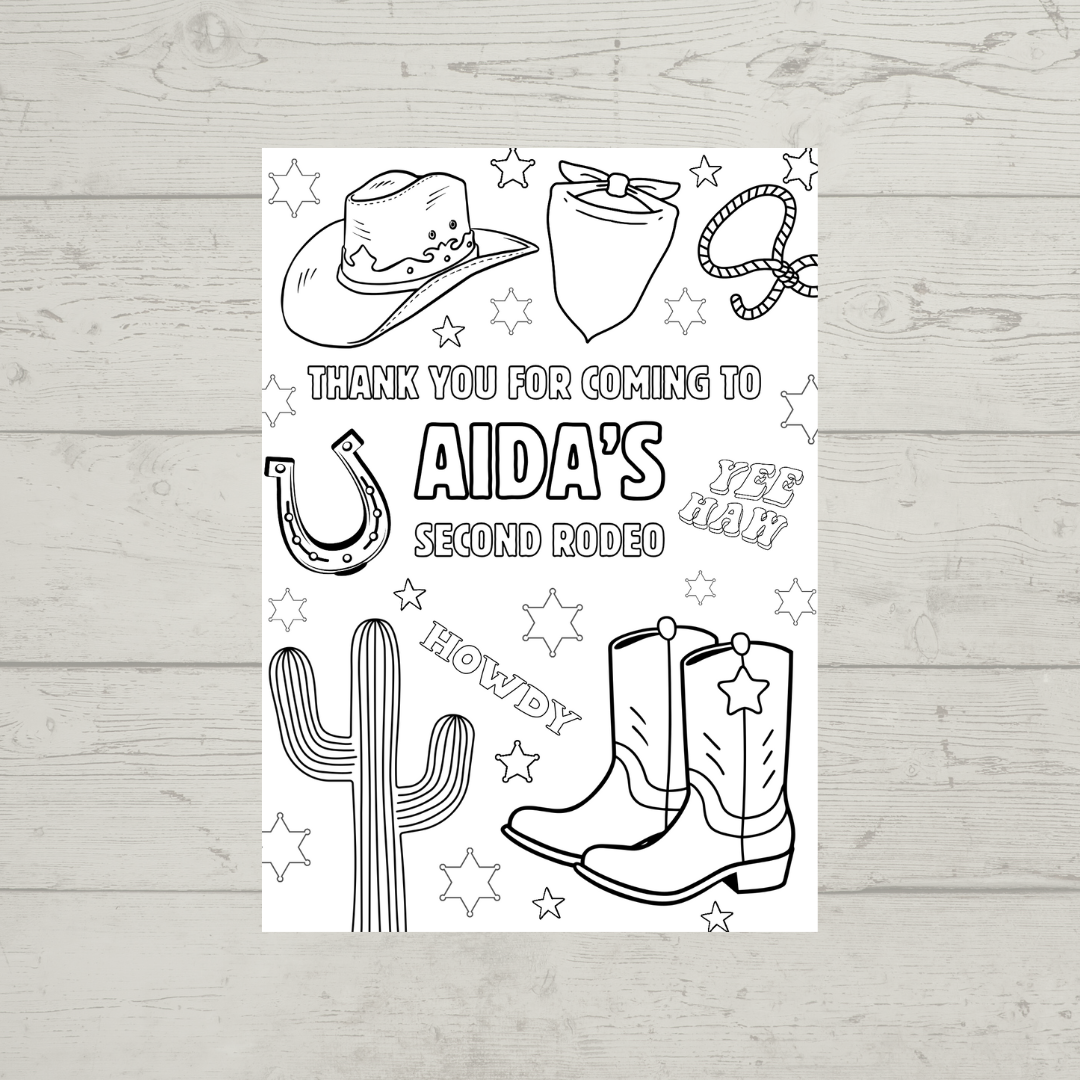 A6 Colouring Sheets | Personalised Cowboy Rodeo Colouring Sheets | Party Bag Favours - Dinky Designs