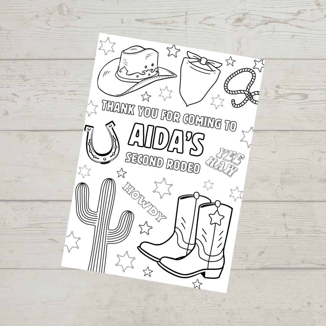 A6 Colouring Sheets | Personalised Cowboy Rodeo Colouring Sheets | Party Bag Favours - Dinky Designs