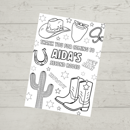 A6 Colouring Sheets | Personalised Cowboy Rodeo Colouring Sheets | Party Bag Favours - Dinky Designs