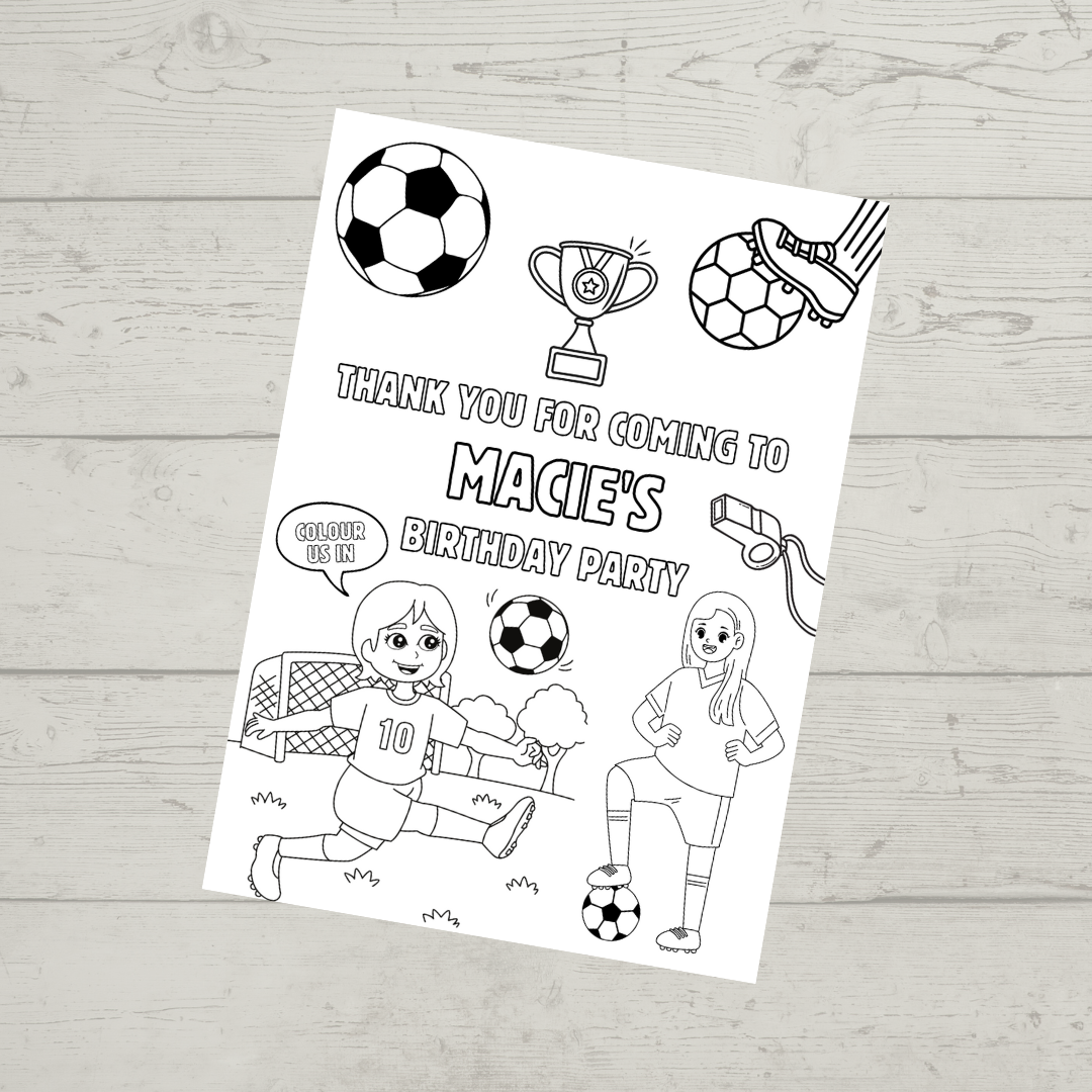 A6 Colouring Sheets | Personalised Girls Football Colouring Sheets | Party Bag Favours - Dinky Designs