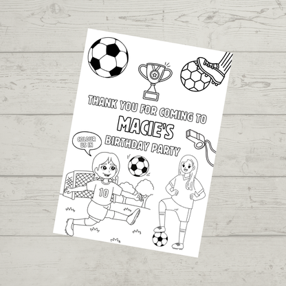 A6 Colouring Sheets | Personalised Girls Football Colouring Sheets | Party Bag Favours - Dinky Designs
