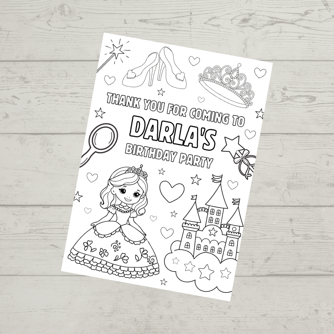 A6 Colouring Sheets | Personalised Princess Colouring Sheets | Party Bag Favours - Dinky Designs