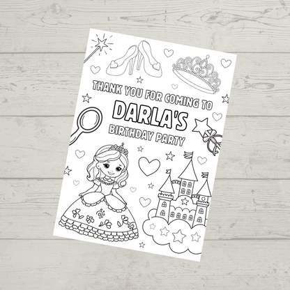 A6 Colouring Sheets | Personalised Princess Colouring Sheets | Party Bag Favours - Dinky Designs