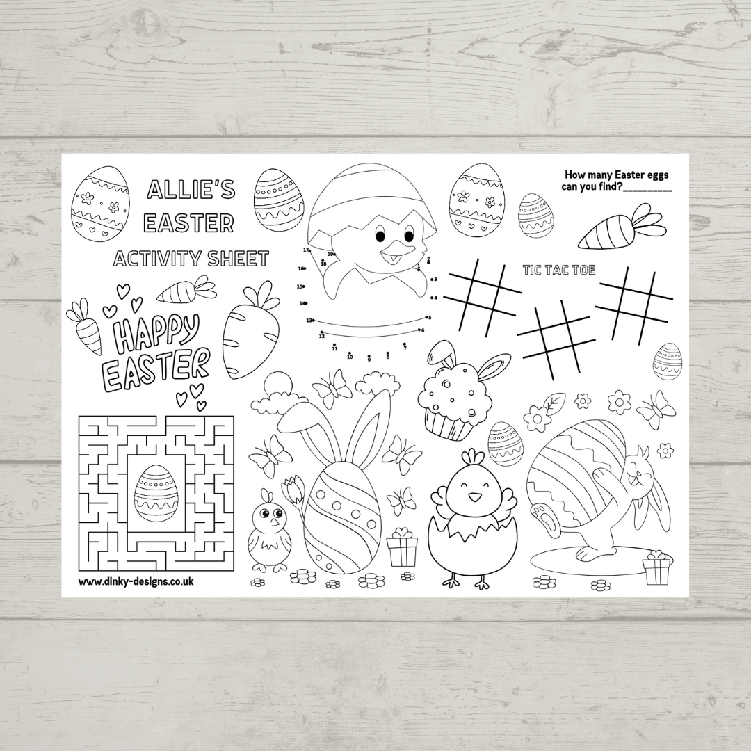 A4 Colouring Activity Sheets | Personalised Easter Activity Sheets | Easter Placemats - Dinky Designs