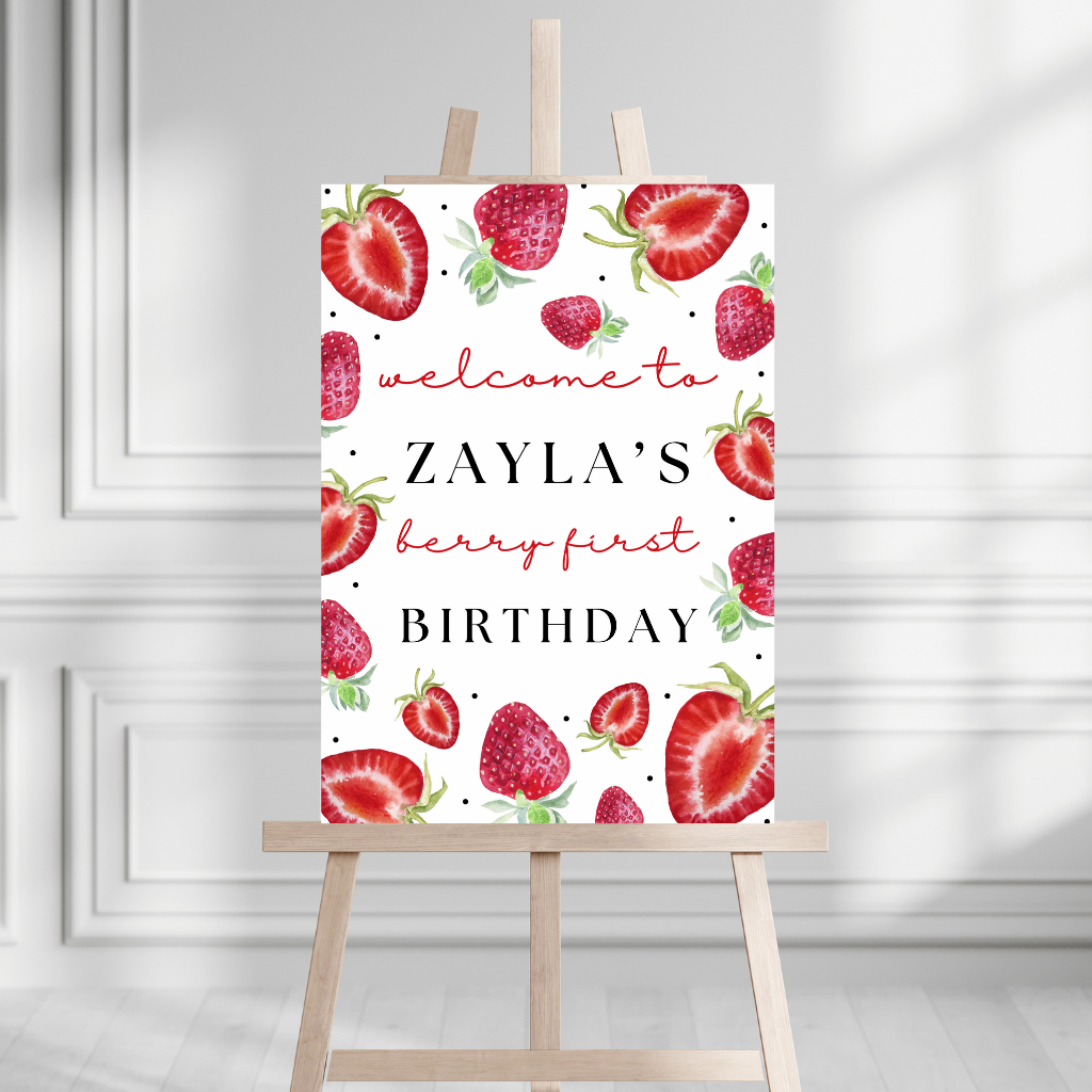 Strawberry Welcome Board Sign | Personalised Strawberry Birthday Party Board | Party Sign | A4, A3, A2