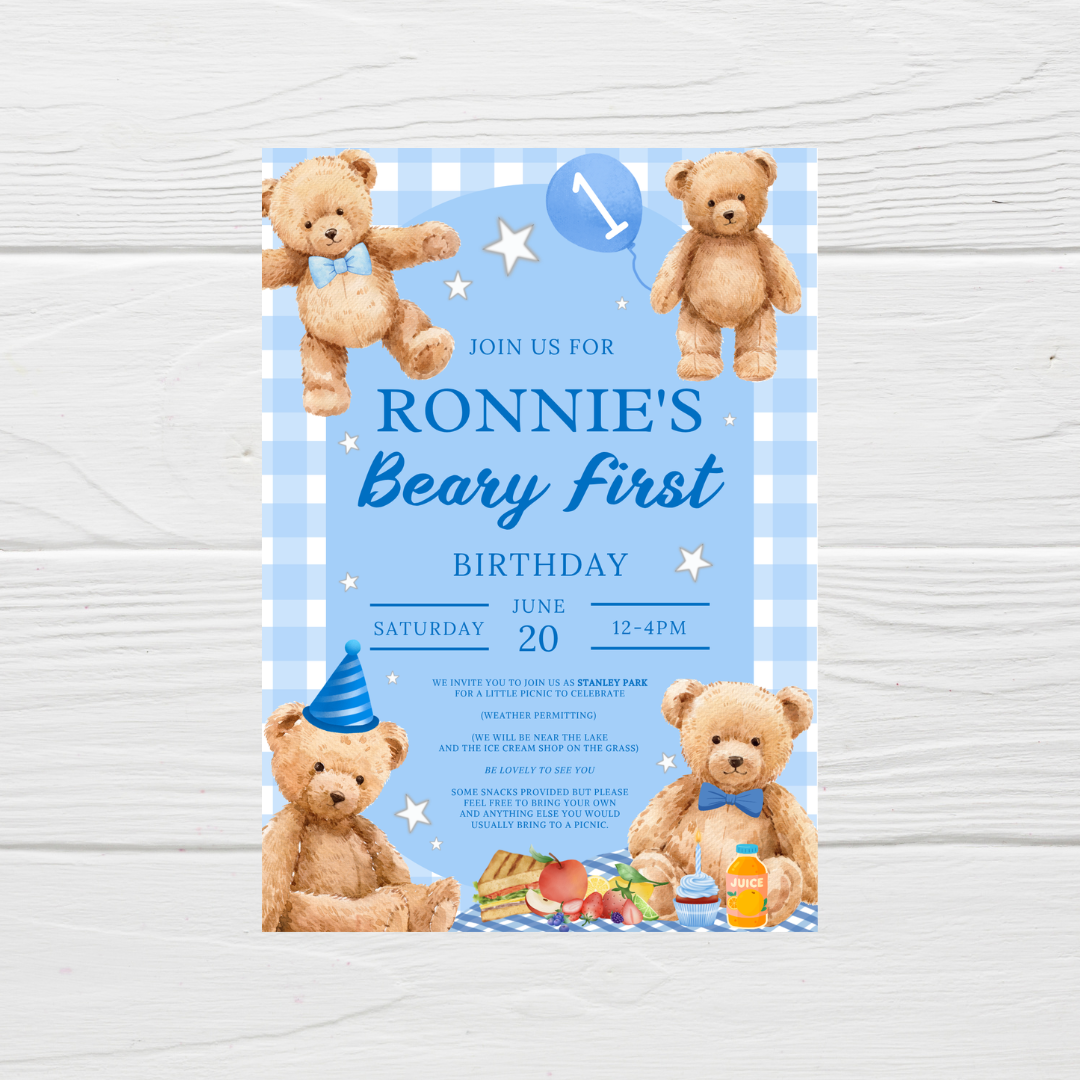 Blue Teddy Bear Picnic Invitations | A6 Invites | Teddy Bear Theme Invitations | Party Invitations