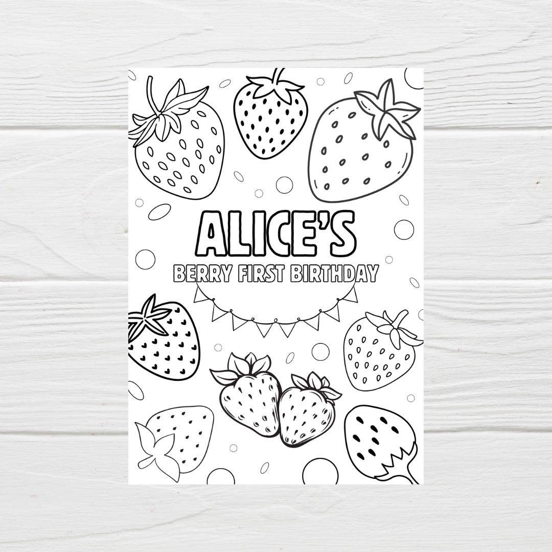 A6 Colouring Sheets | Personalised Strawberry Colouring Sheets | Party Bag Favours - Dinky Designs