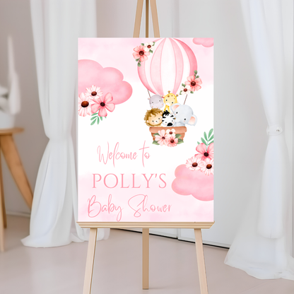 Pink OR Blue Safari Animal Hot Air Balloon Welcome Board Sign | Personalised Baby Shower, Birthday, Christening Party Board | Party Sign | A4, A3, A2, A1