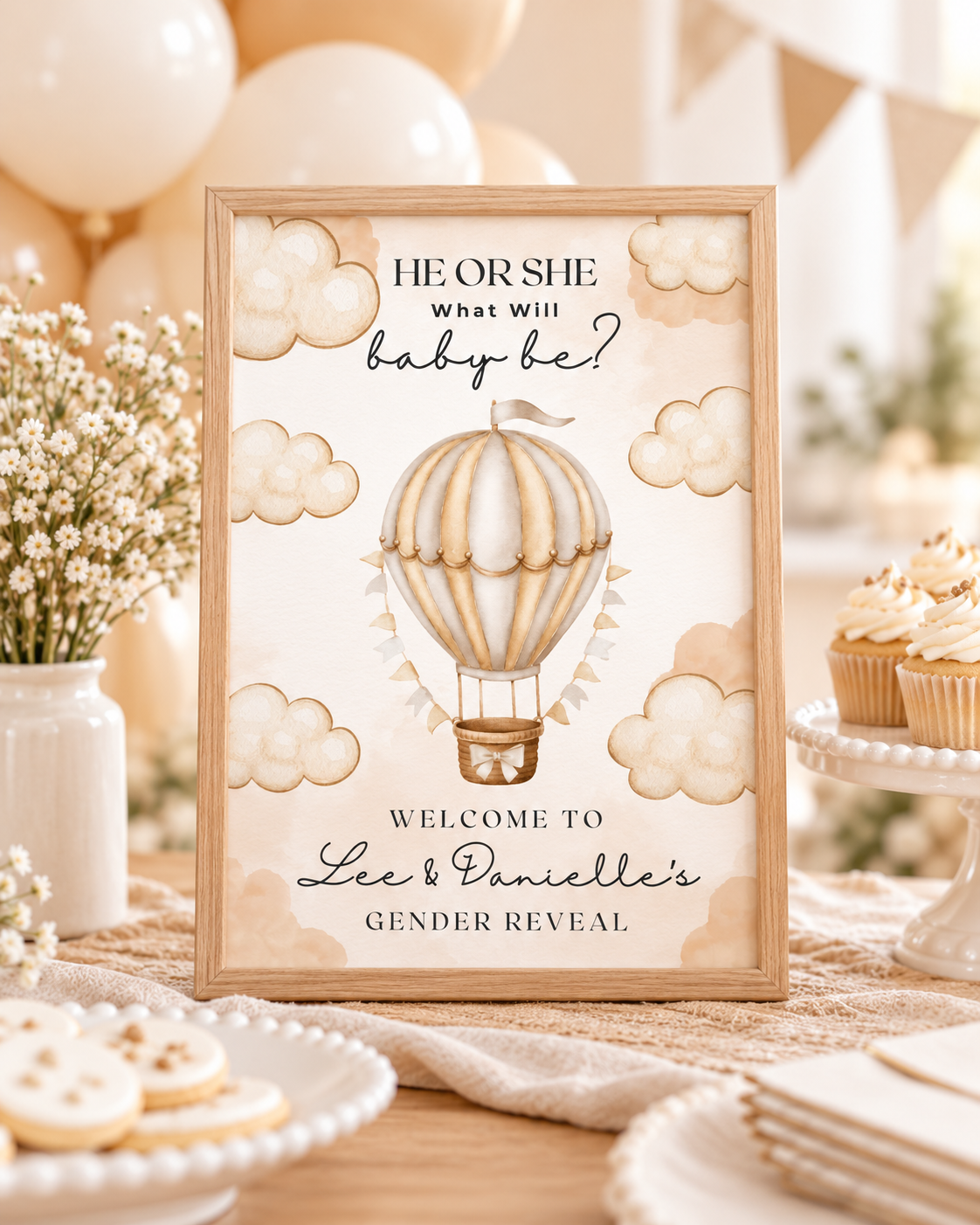 Neutral Beige Hot Air Balloon Gender Reveal Welcome Sign | Personalised Gender Reveal Table Print | Party Poster Sign | A4, A3