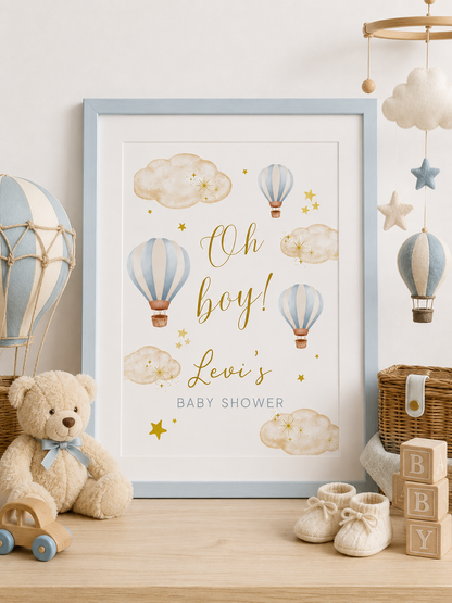 Blue Hot Air Balloon Baby Shower Welcome Print Sign | Personalised Baby Shower Print | Party Table Print | A4, A3