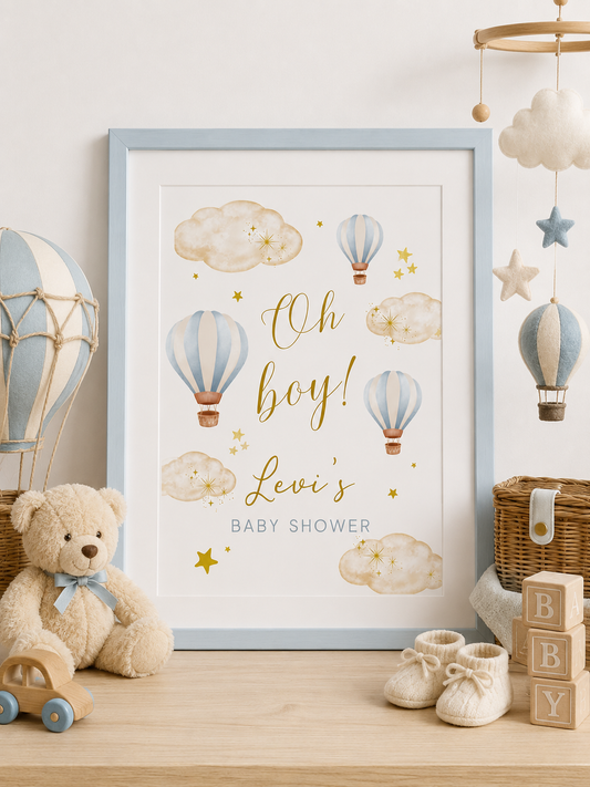 Blue Hot Air Balloon Baby Shower Welcome Print Sign | Personalised Baby Shower Print | Party Table Print | A4, A3