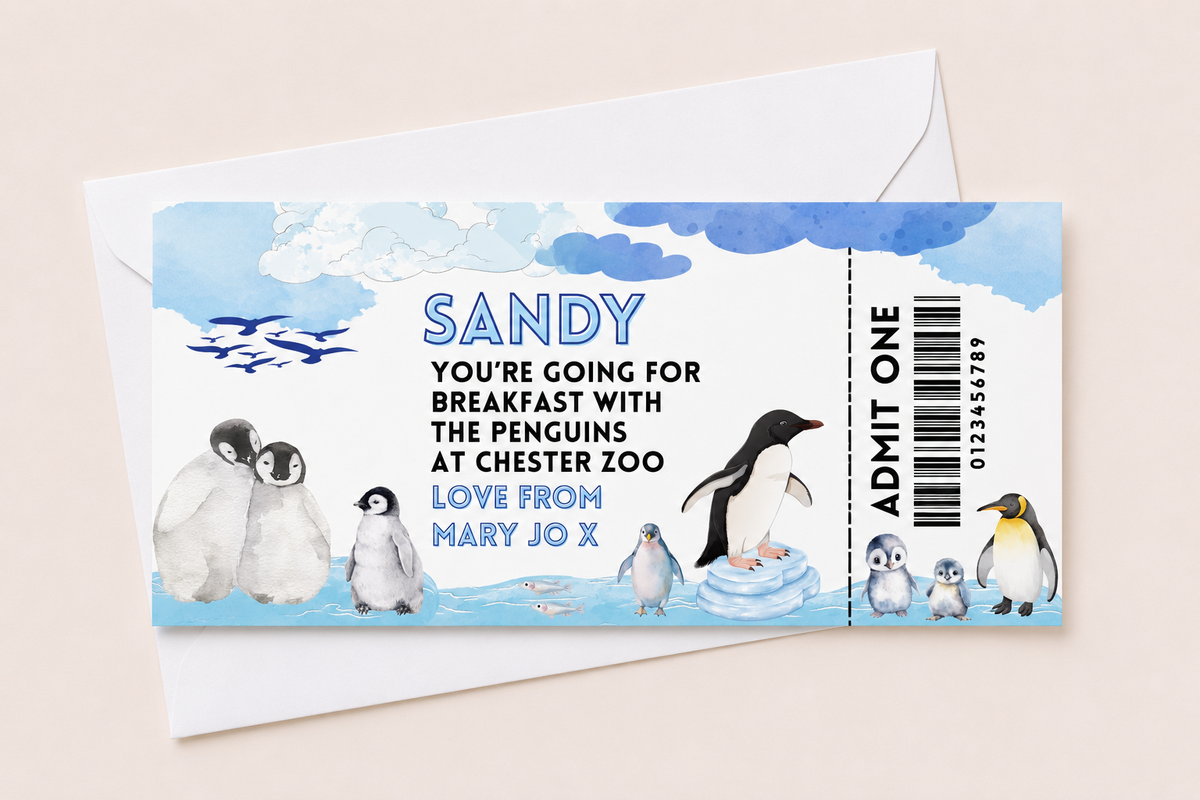 Surprise Ticket Print | Personalised Penguin Ticket Pass Voucher Membership | Gift Idea - Dinky Designs