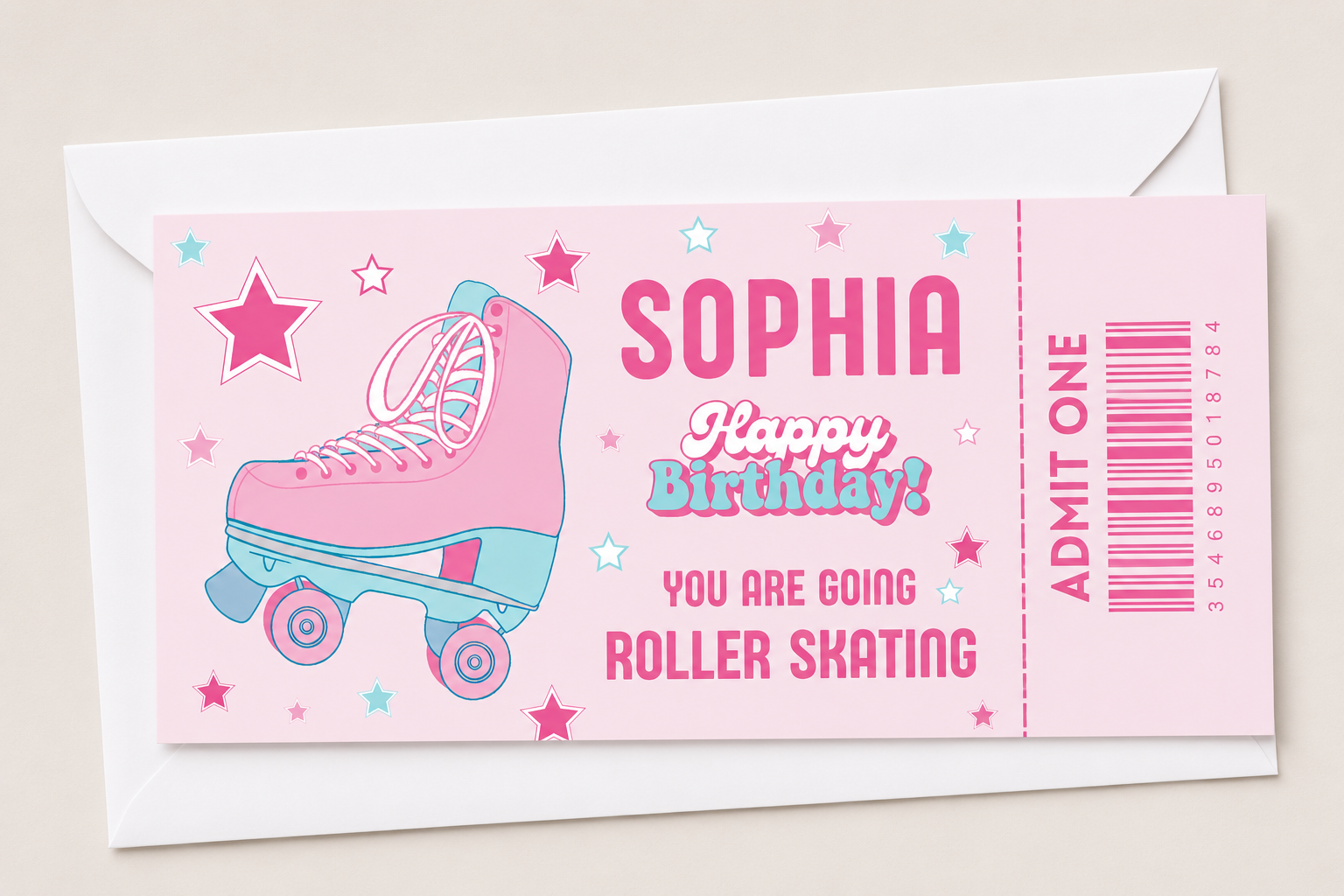 Surprise Ticket Print | Personalised Pink & Blue Roller Skating Ticket Pass Voucher Membership | Gift Idea - Dinky Designs