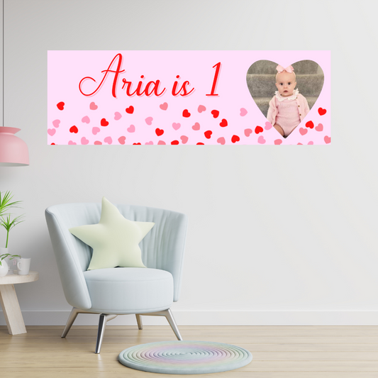 Valentine Heart Photo Banner | Personalised Pink Red Heart Theme Birthday Party Banner | Valentine Birthday Party Theme