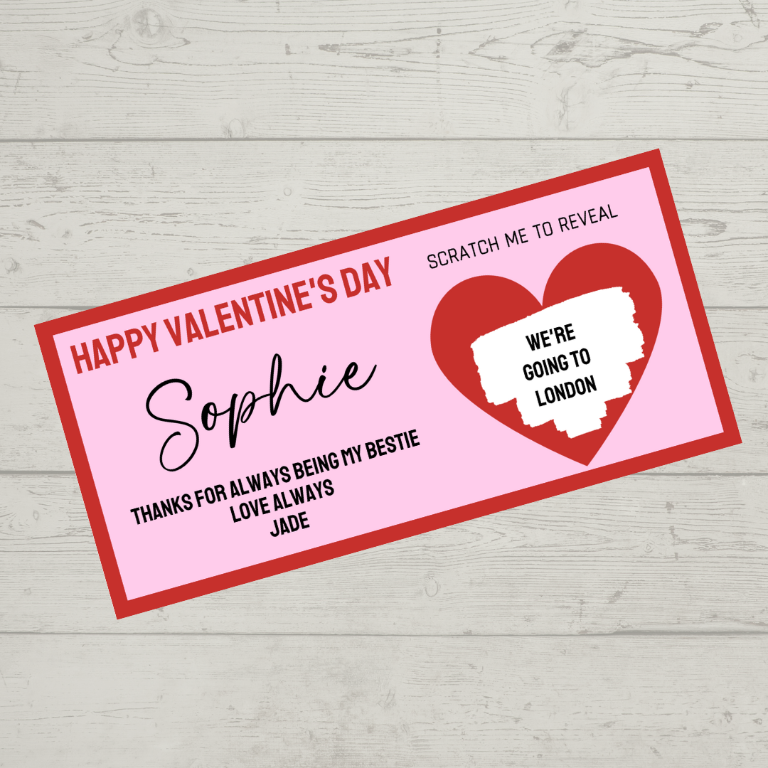 Red & Pink Surprise Valentine Ticket Print | Personalised Valentine Ticket | Valentine Scratch Reveal | Bestie, Best Friend Valentine | Gift Idea, Design 2