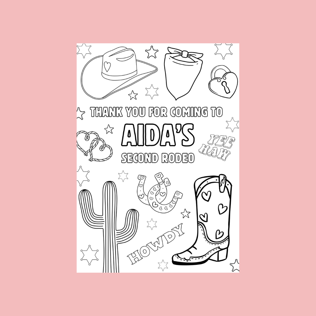 A6 Colouring Sheets | Personalised Cowgirl Rodeo Colouring Sheets | Party Bag Favours - Dinky Designs