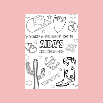 A6 Colouring Sheets | Personalised Cowgirl Rodeo Colouring Sheets | Party Bag Favours - Dinky Designs