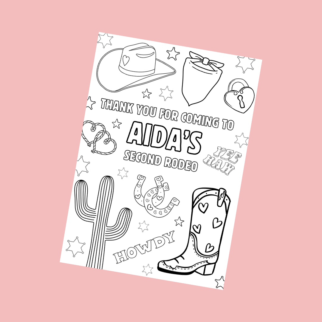 A6 Colouring Sheets | Personalised Cowgirl Rodeo Colouring Sheets | Party Bag Favours - Dinky Designs