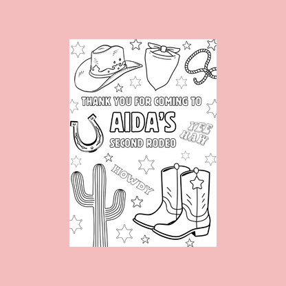 A6 Colouring Sheets | Personalised Cowboy Rodeo Colouring Sheets | Party Bag Favours - Dinky Designs