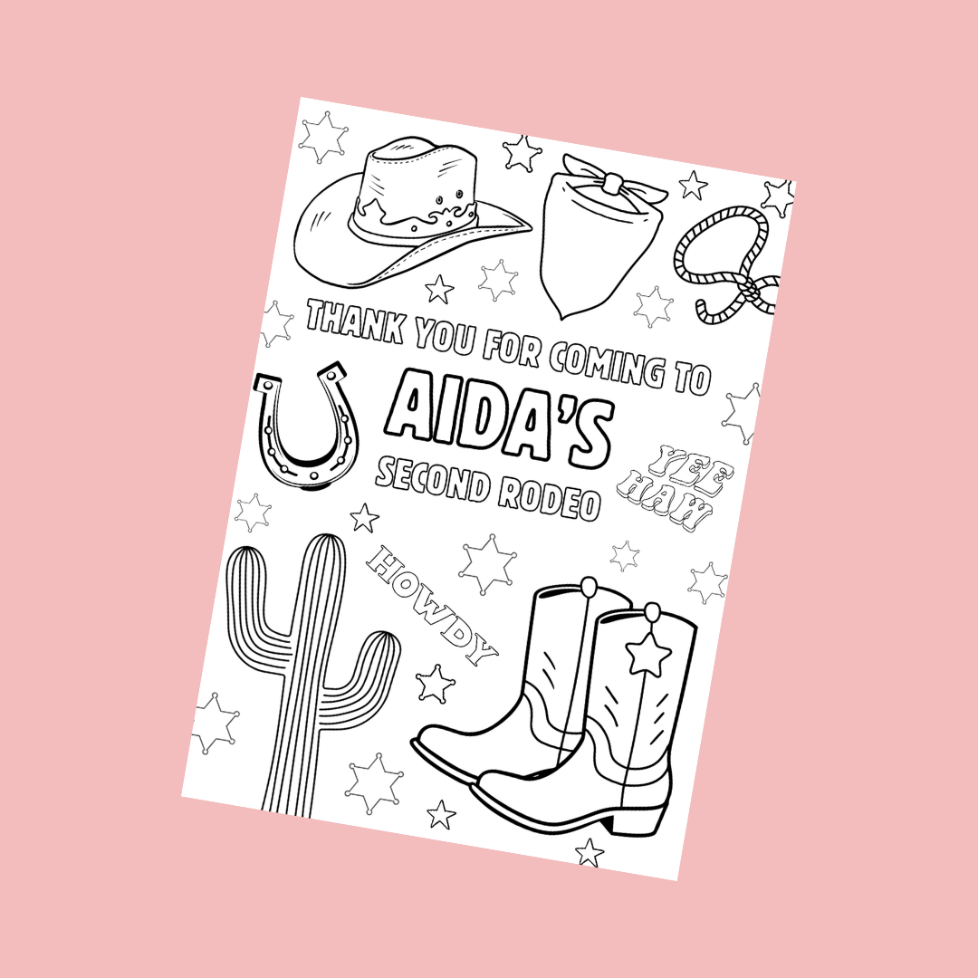 A6 Colouring Sheets | Personalised Cowboy Rodeo Colouring Sheets | Party Bag Favours - Dinky Designs