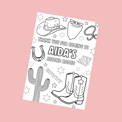 A6 Colouring Sheets | Personalised Cowboy Rodeo Colouring Sheets | Party Bag Favours - Dinky Designs