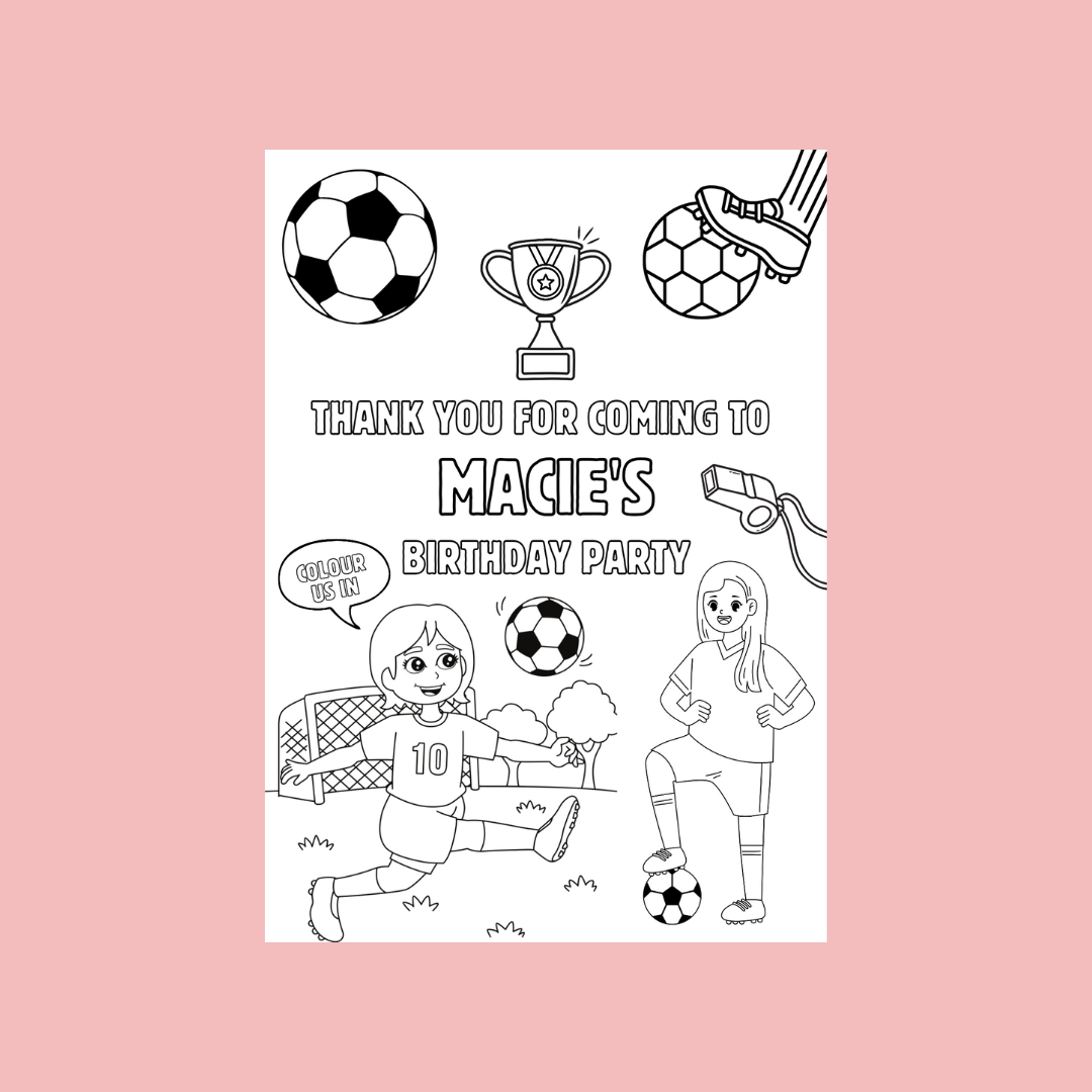 A6 Colouring Sheets | Personalised Girls Football Colouring Sheets | Party Bag Favours - Dinky Designs