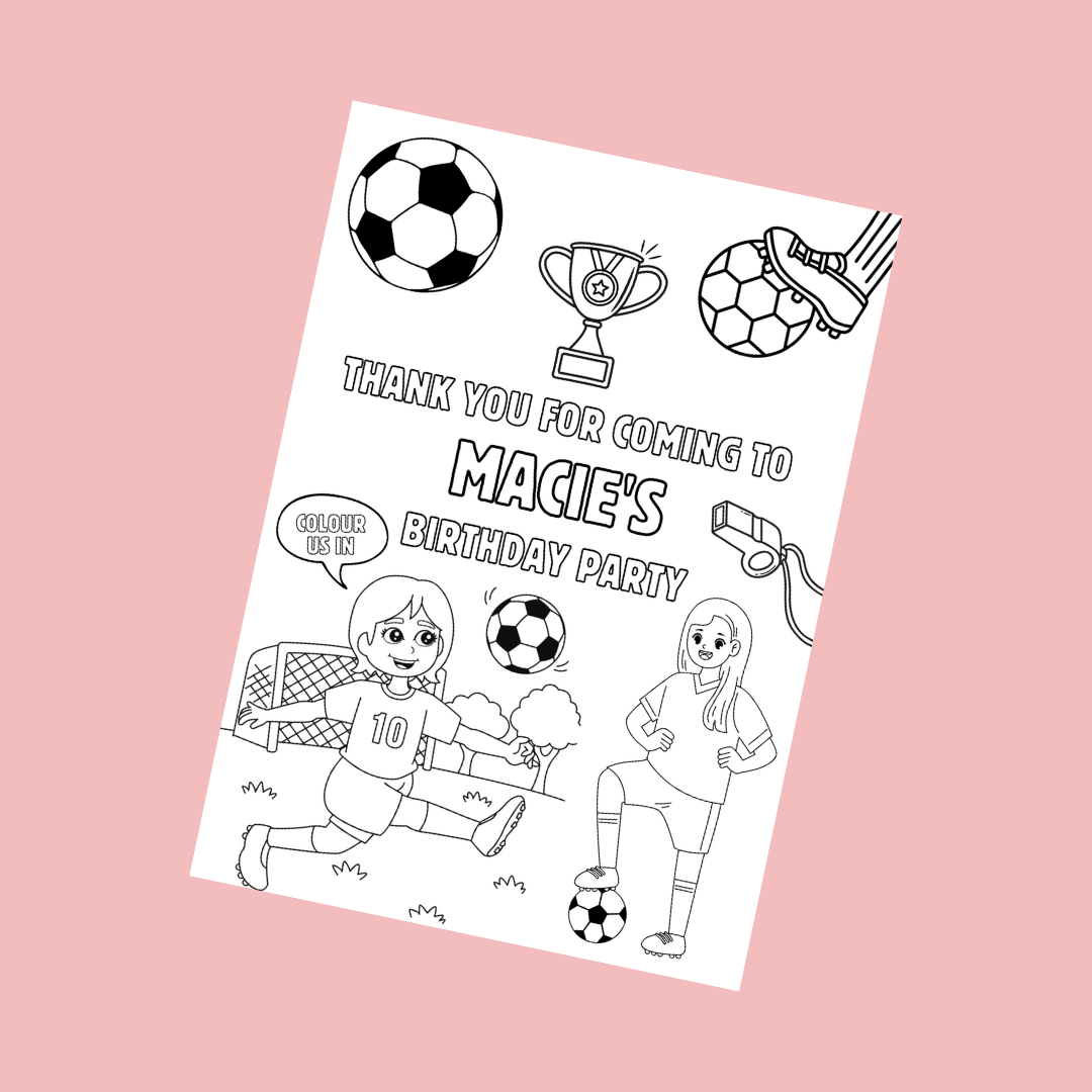 A6 Colouring Sheets | Personalised Girls Football Colouring Sheets | Party Bag Favours - Dinky Designs