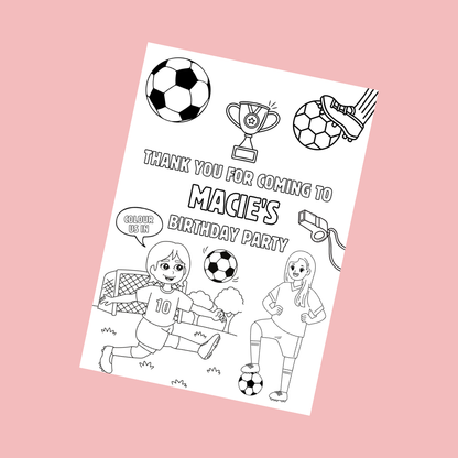 A6 Colouring Sheets | Personalised Girls Football Colouring Sheets | Party Bag Favours - Dinky Designs