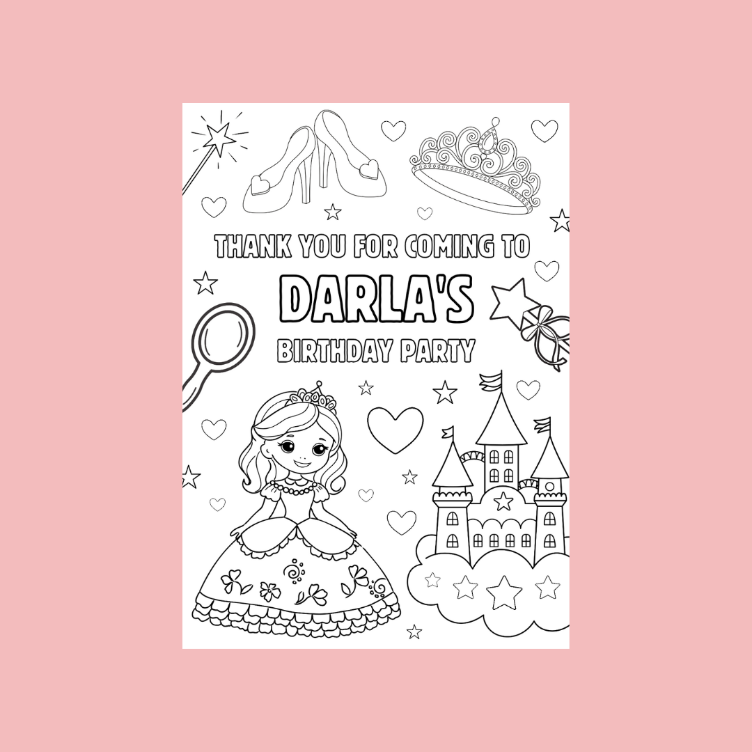 A6 Colouring Sheets | Personalised Princess Colouring Sheets | Party Bag Favours - Dinky Designs