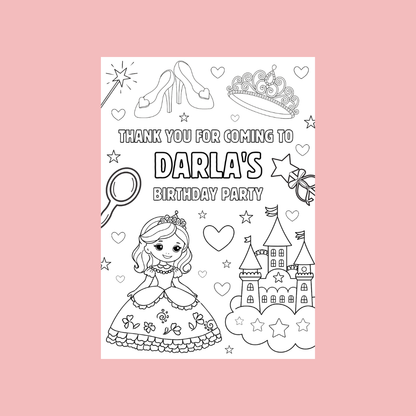 A6 Colouring Sheets | Personalised Princess Colouring Sheets | Party Bag Favours - Dinky Designs