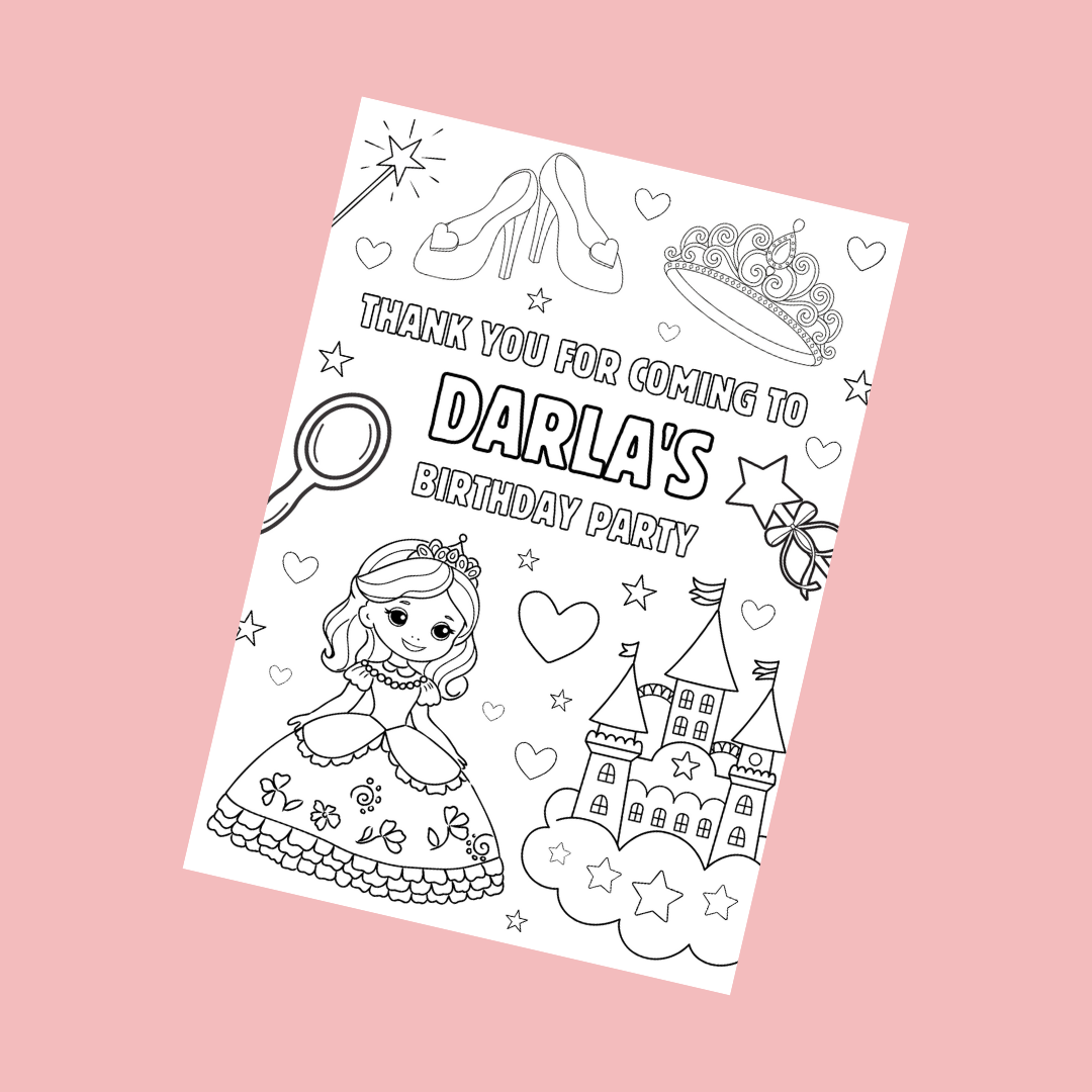 A6 Colouring Sheets | Personalised Princess Colouring Sheets | Party Bag Favours - Dinky Designs