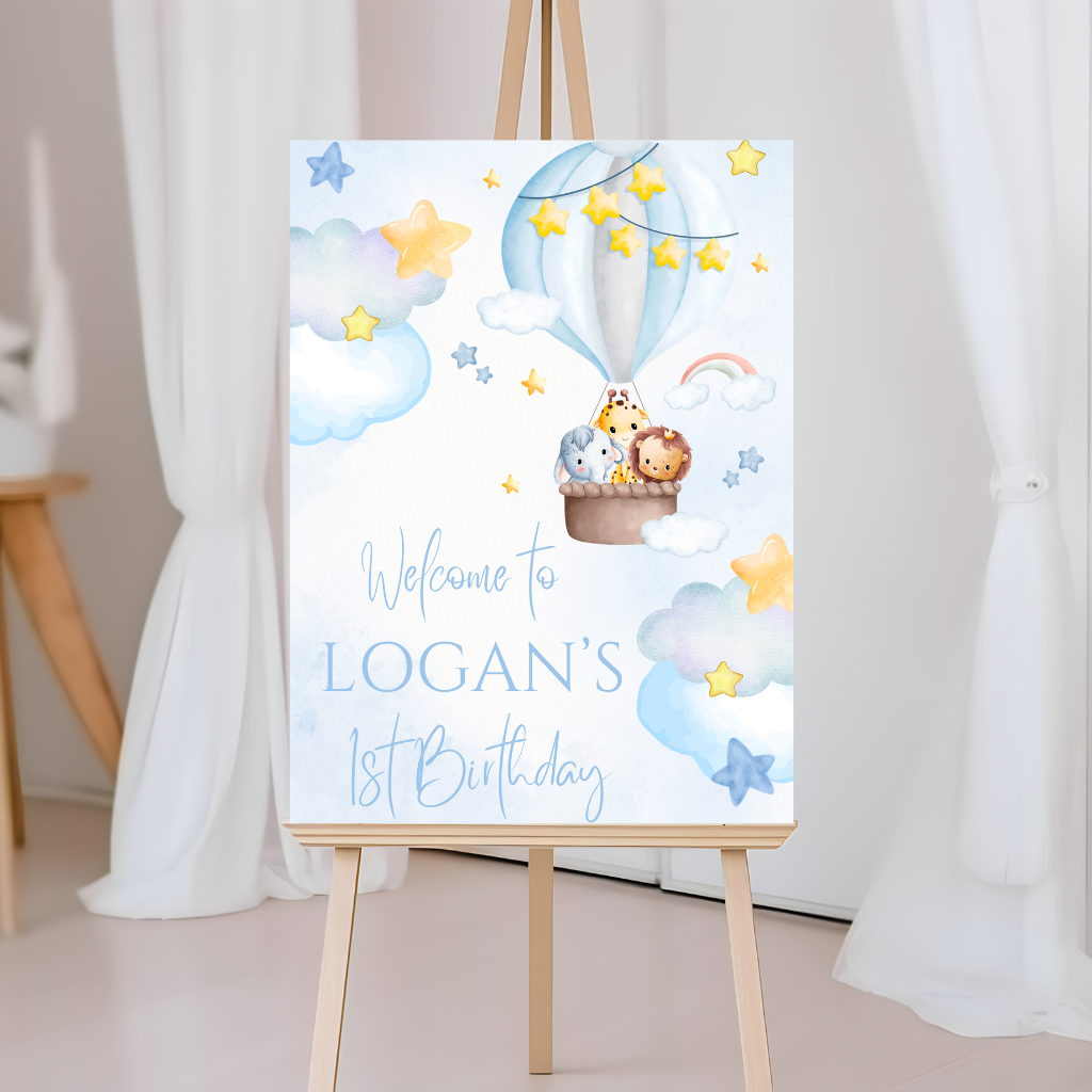 Pink OR Blue Safari Animal Hot Air Balloon Welcome Board Sign | Personalised Baby Shower, Birthday, Christening Party Board | Party Sign | A4, A3, A2, A1