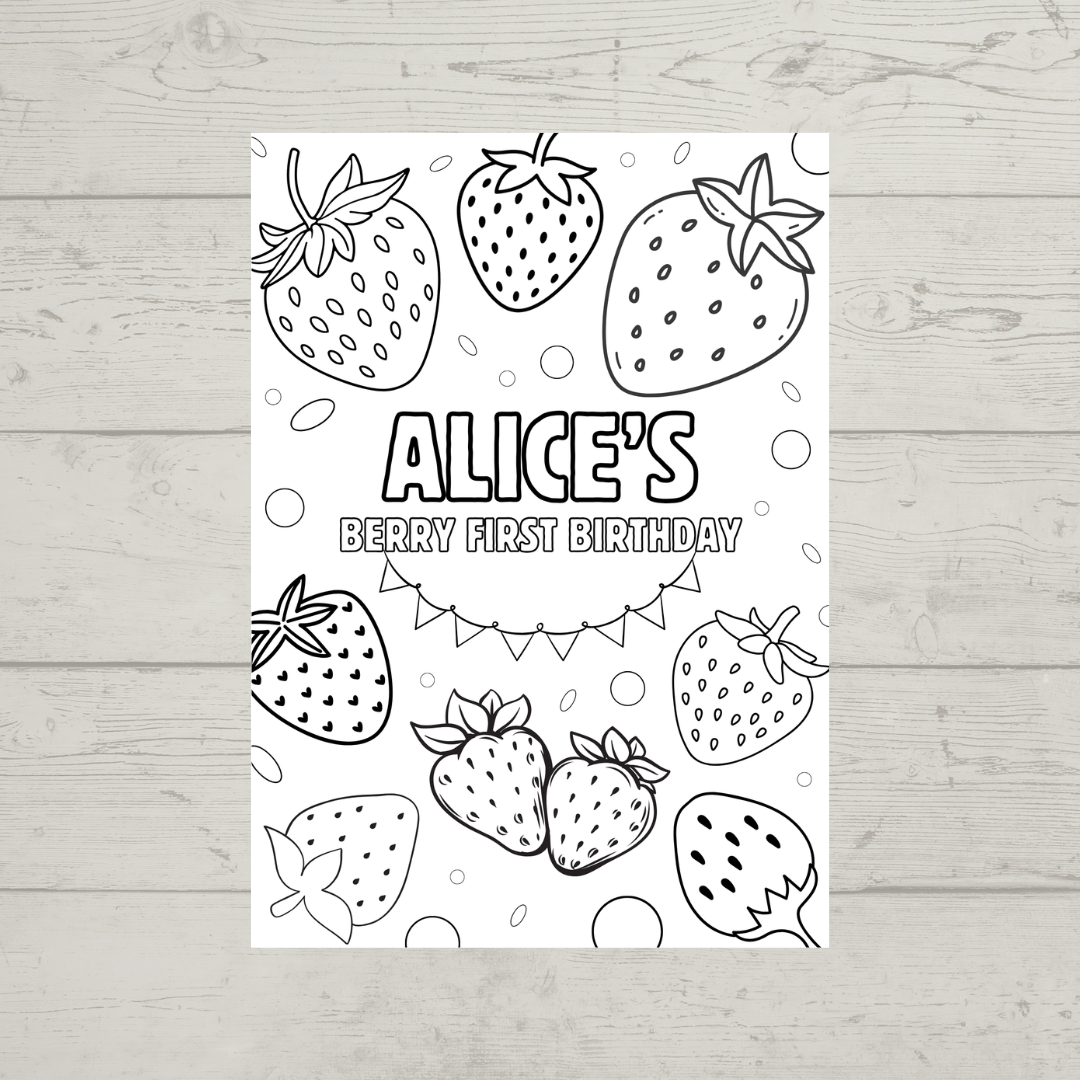 A6 Colouring Sheets | Personalised Strawberry Colouring Sheets | Party Bag Favours - Dinky Designs