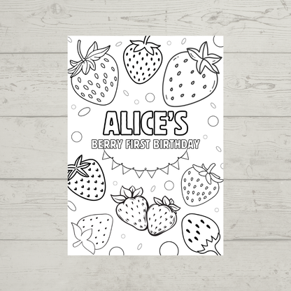 A6 Colouring Sheets | Personalised Strawberry Colouring Sheets | Party Bag Favours - Dinky Designs