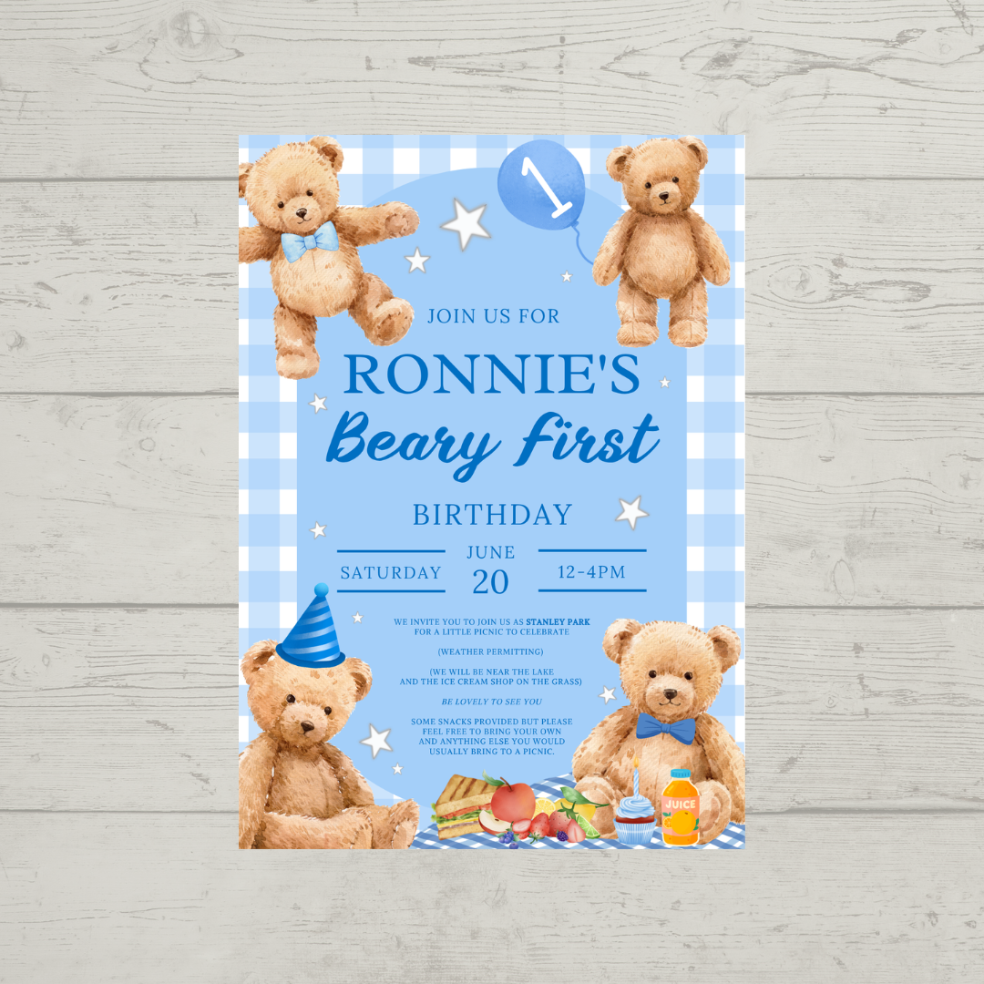 Blue Teddy Bear Picnic Invitations | A6 Invites | Teddy Bear Theme Invitations | Party Invitations