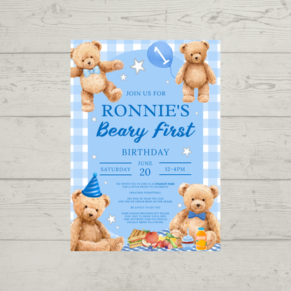 Blue Teddy Bear Picnic Invitations | A6 Invites | Teddy Bear Theme Invitations | Party Invitations