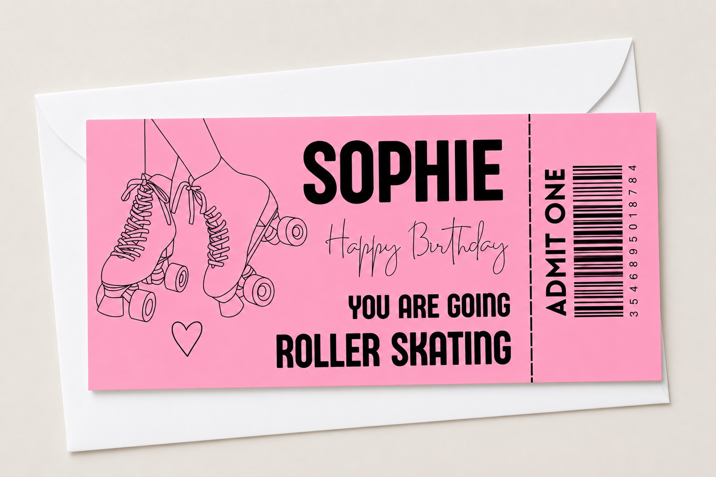 Surprise Ticket Print | Personalised Pink Roller Skating Ticket Pass Voucher Membership | Gift Idea - Dinky Designs