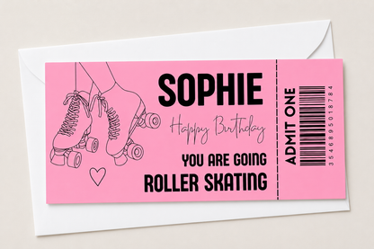 Surprise Ticket Print | Personalised Pink Roller Skating Ticket Pass Voucher Membership | Gift Idea - Dinky Designs